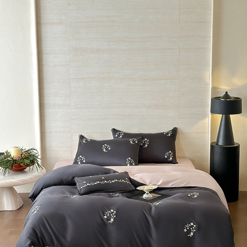 Embroidered Reversible Sateen Duvet Cover Set with Decorative Shams