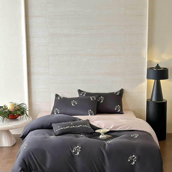 Embroidered Reversible Sateen Duvet Cover Set with Decorative Shams