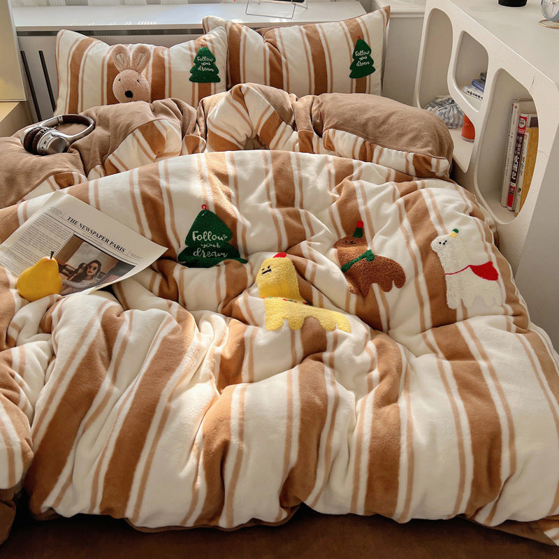 Plush Embroidered Cat Stripe Comforter Bedding Set