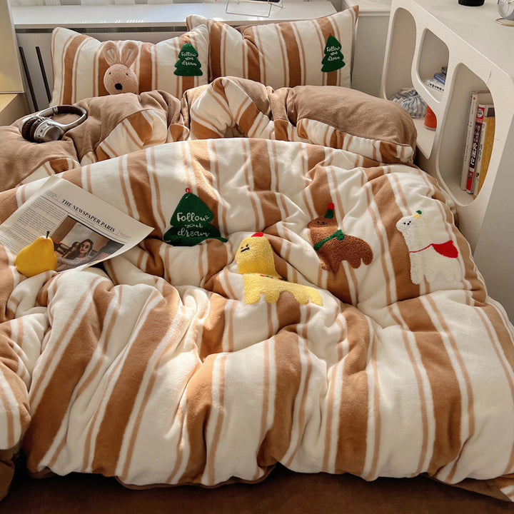 Plush Embroidered Cat Stripe Comforter Bedding Set