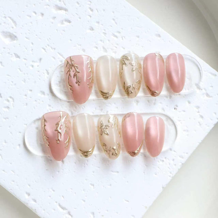 Elegant Press-On Nail Art Set with Gold Leaf Accents Stornfield