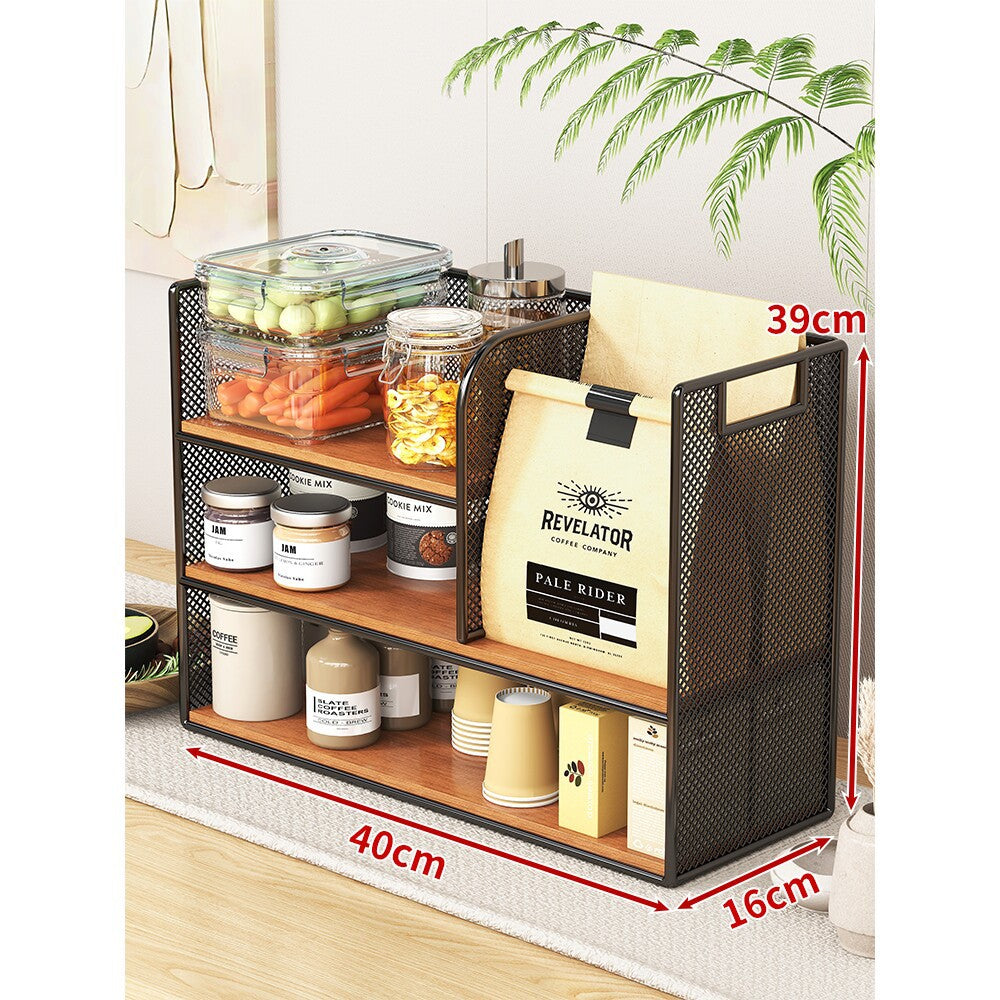 Metal Mesh Countertop Pantry Organizer with Multi-Tier Shelves and Vertical Bag Compartment
