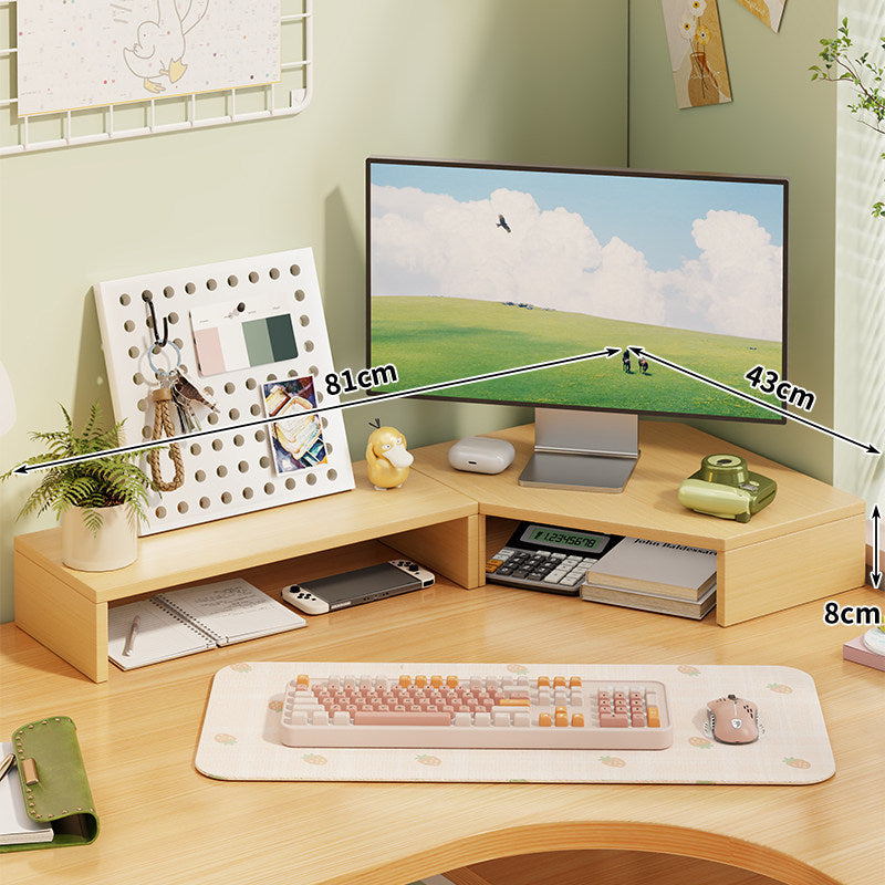 Corner Wooden Monitor Riser with Dual-Tier Storage Shelf