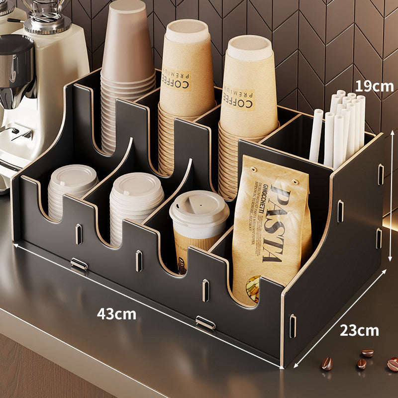 Modular Bamboo Countertop Coffee Station Organizer with Multi-Compartment Cup Lid and Straw Dispensers