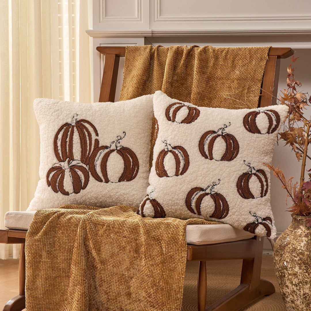 Plush Sherpa Embroidered Pumpkin Throw Pillow