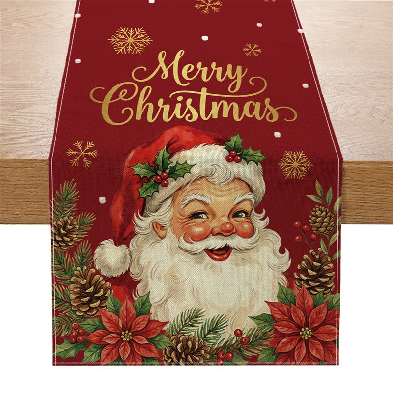Festive Cotton-Linen Christmas Table Runner with Snowman and Plaid Tree Illustration