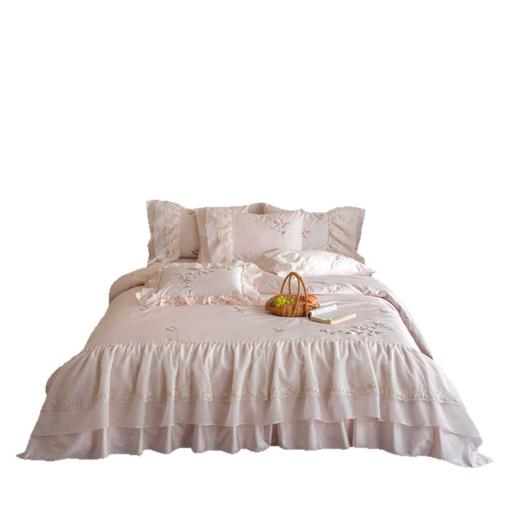 Ruffled Embroidered Cotton Sateen Duvet Cover Set with Layered Bedskirt & Lace-Trim Pillow Shams