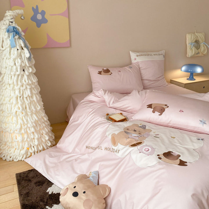 Cotton Sateen Teddy-Bear Printed Duvet Cover Set with Pillow Shams and Plush Accent
