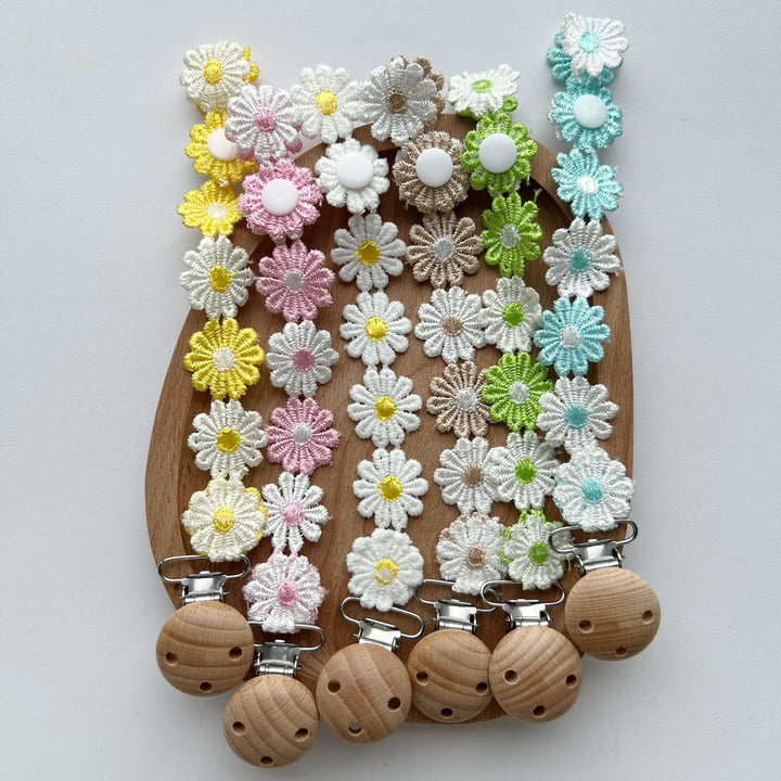Handmade Crochet Daisy Pacifier Clip with Wooden Safety Clamp