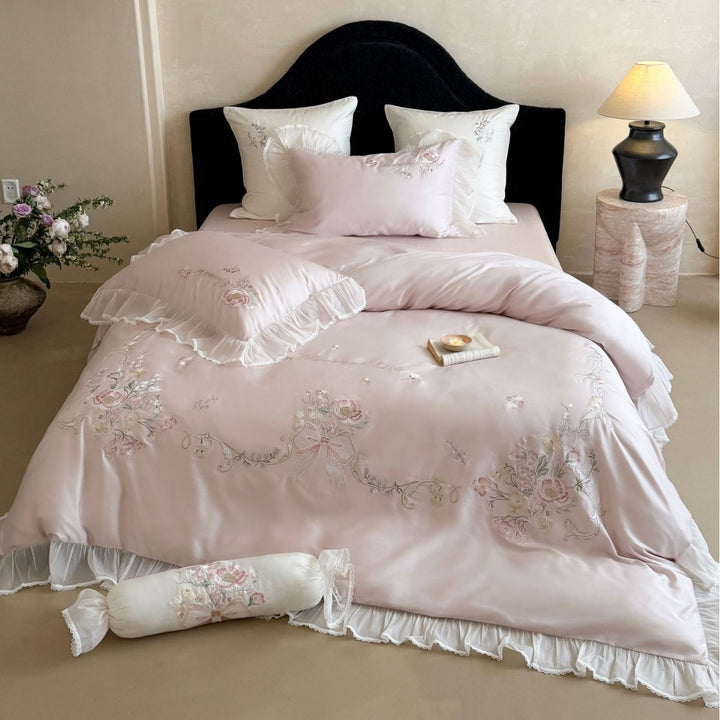 Luxurious Embroidered Satin Duvet Cover Set with Ruffled Chiffon Trim