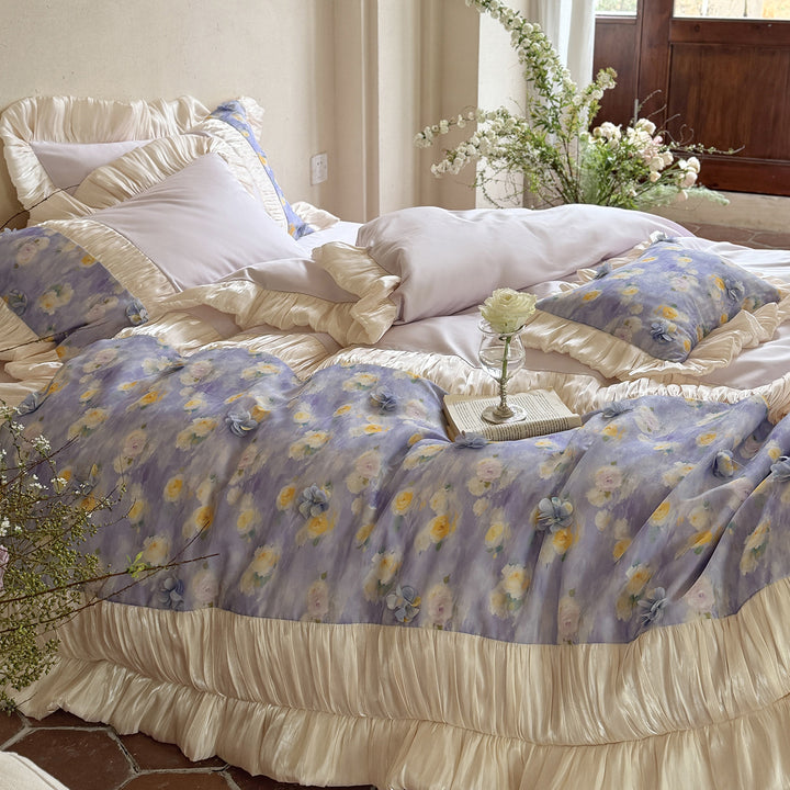 Floral duvet cover set made of cotton satin with pleated satin frill