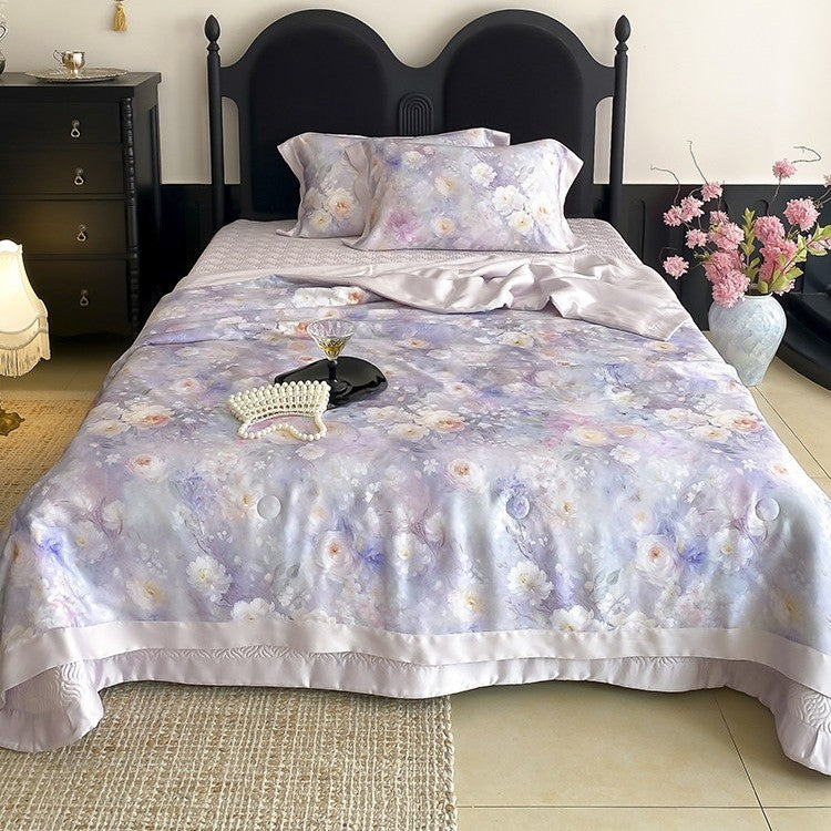 Satin bedding set with floral watercolor print and silky shiny finish