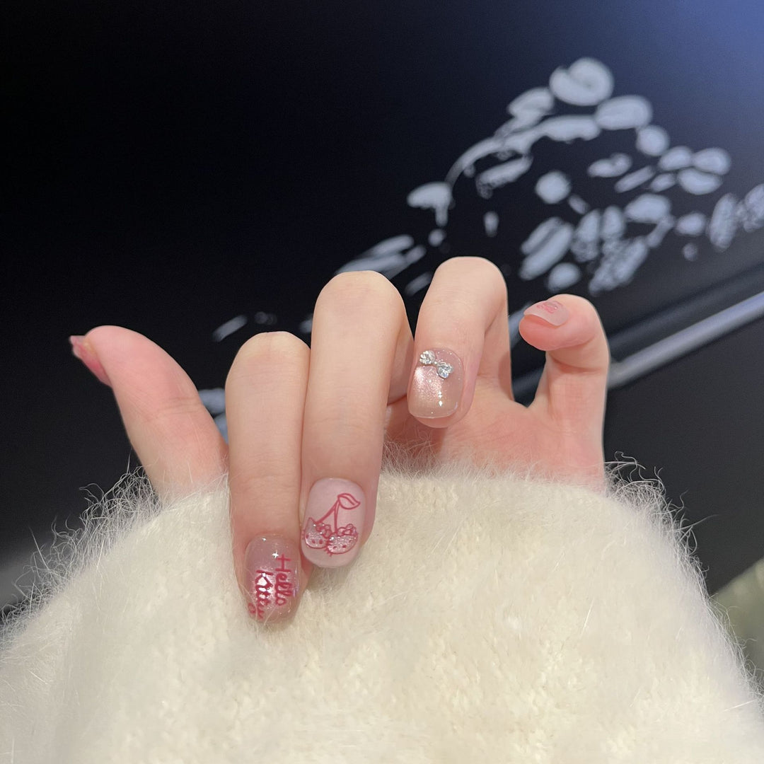 Decorative Press-On Nail Art Set with Cherry and Bow Accents Stornfield