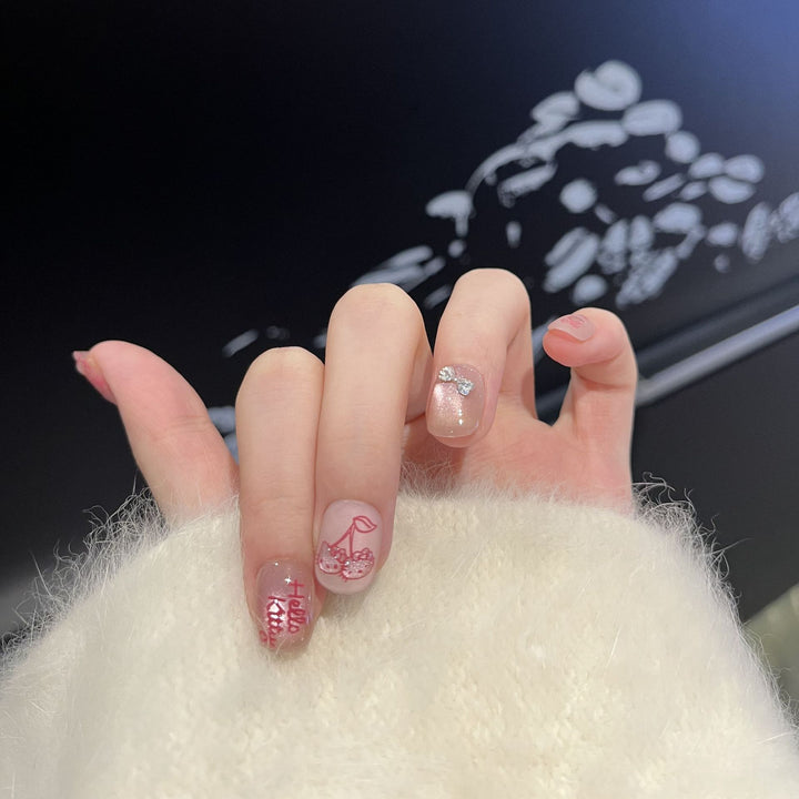 Decorative Press-On Nail Art Set with Cherry and Bow Accents Stornfield