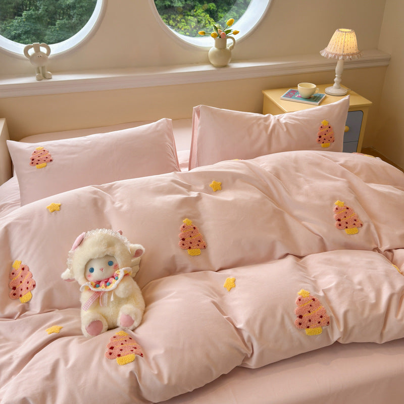 Plush Embroidered Cherry Motif Comforter and Pillow Sham Set