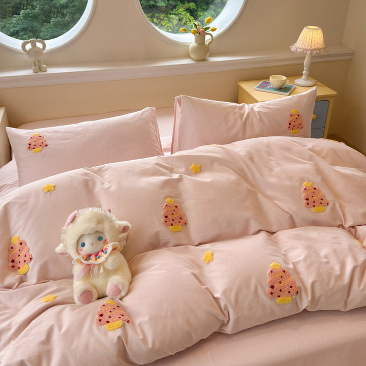 Plush Embroidered Cherry Motif Comforter and Pillow Sham Set
