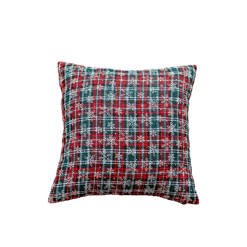 Decorative Holiday Plaid Throw Pillow Cover with Embroidered Snowflake Accents