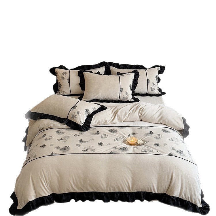 Ruffled Floral and Butterfly Cotton Duvet Cover Set with Piped Trim