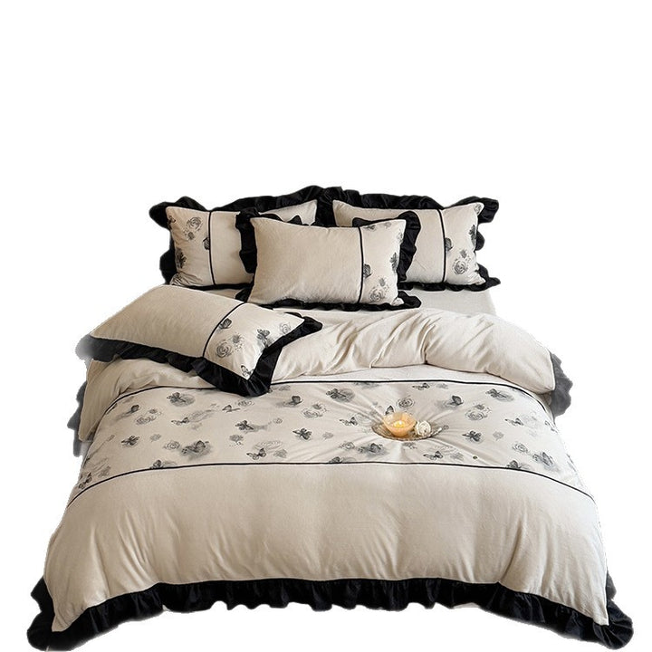 Ruffled Floral and Butterfly Cotton Duvet Cover Set with Piped Trim