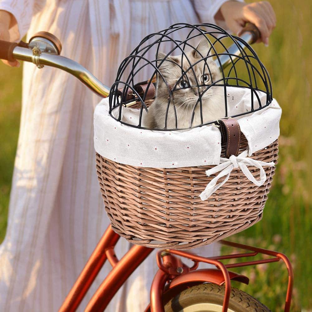 woven rattan pet carrier basket with collapsible metal dome and removable linen lining Stornfield
