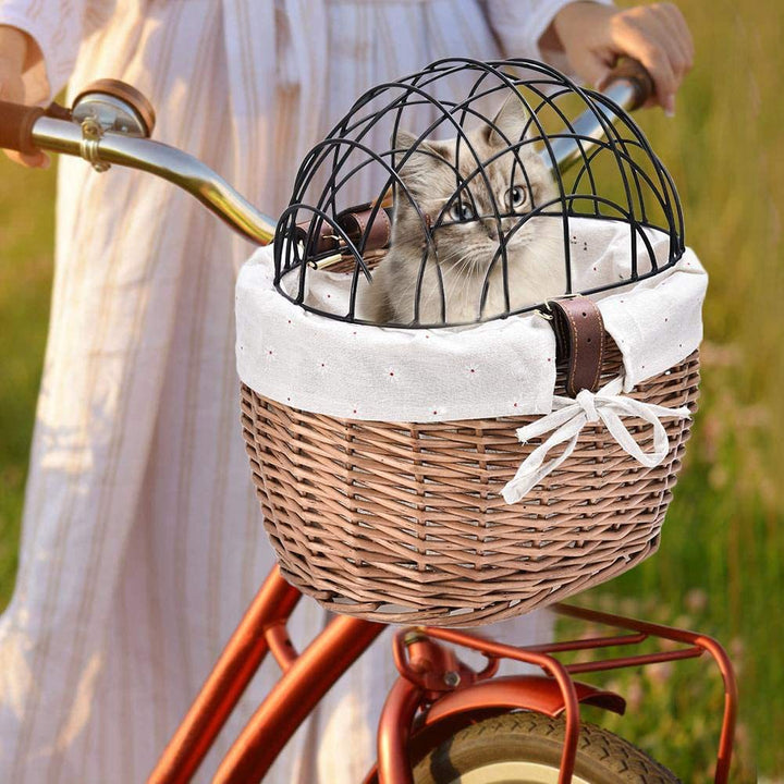 woven rattan pet carrier basket with collapsible metal dome and removable linen lining Stornfield