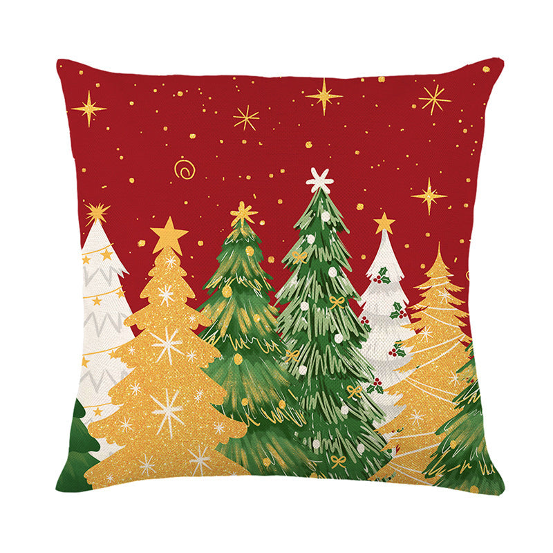 Square Holiday Linen-Feel Throw Pillow Cover with Hello Winter Script and Metallic Gold Botanical Accents