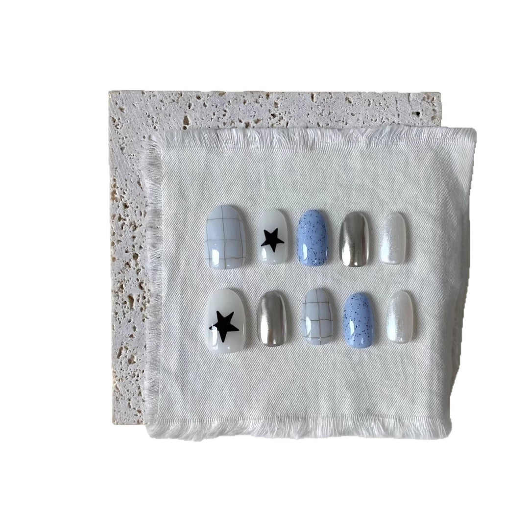Artistic Press-On Nail Set with Geometric and Star Patterns
