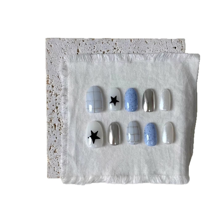 Artistic Press-On Nail Set with Geometric and Star Patterns
