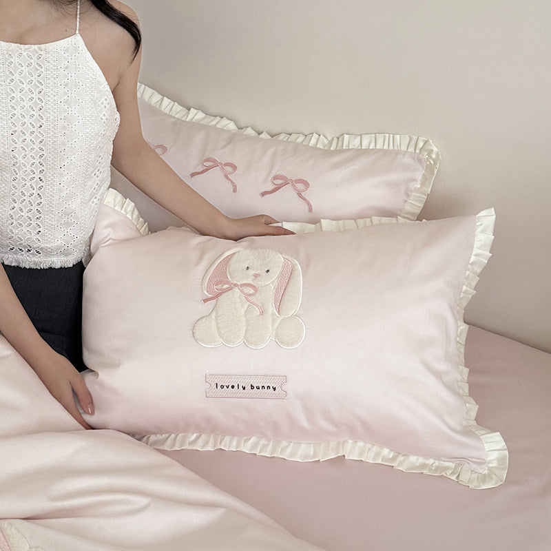 Embroidered Bunny Appliqué Cotton Sateen Duvet Cover Set with Ruffled Pillow Shams