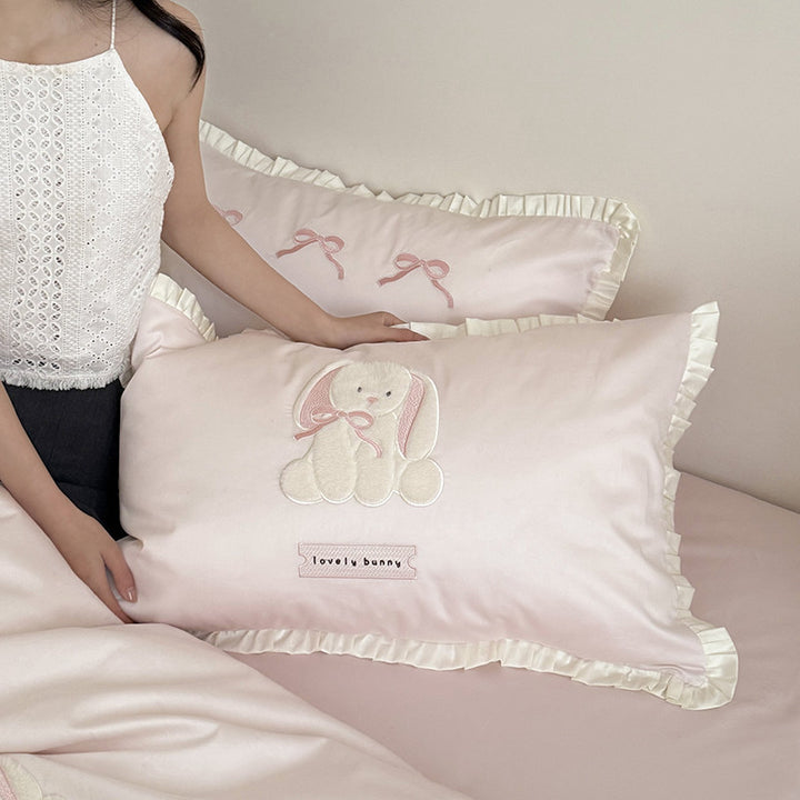 Embroidered Bunny Appliqué Cotton Sateen Duvet Cover Set with Ruffled Pillow Shams