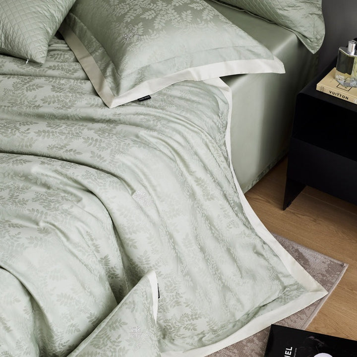 Premium cotton satin bedding set with subtle jacquard relief and fine hem