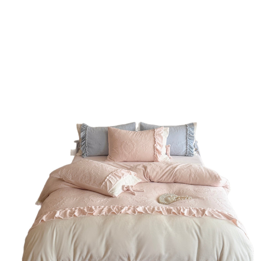 Romantic cotton satin bedding set with ruffled hem and fine tone-on-tone embroidery