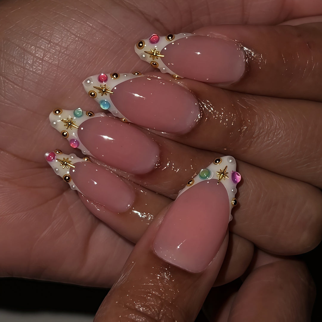 Decorative French Tip Nail Extensions with Gem Accents Stornfield