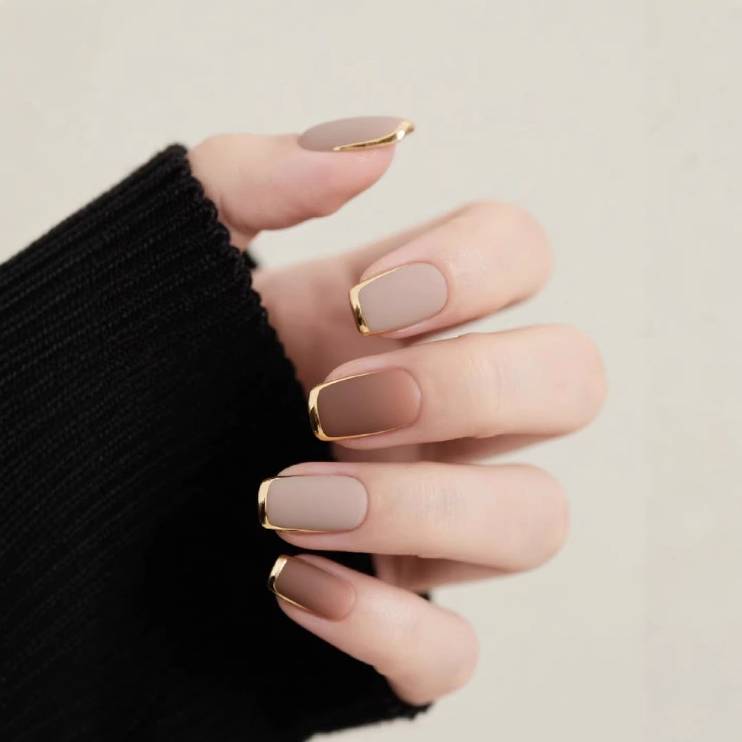 Luxury Mat Finish Press-On Nails with Gold Trim