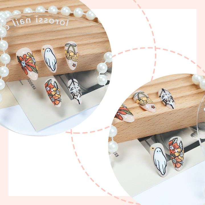 Artistic Press-On Nail Set with Seasonal Floral and Ghost Designs Stornfield