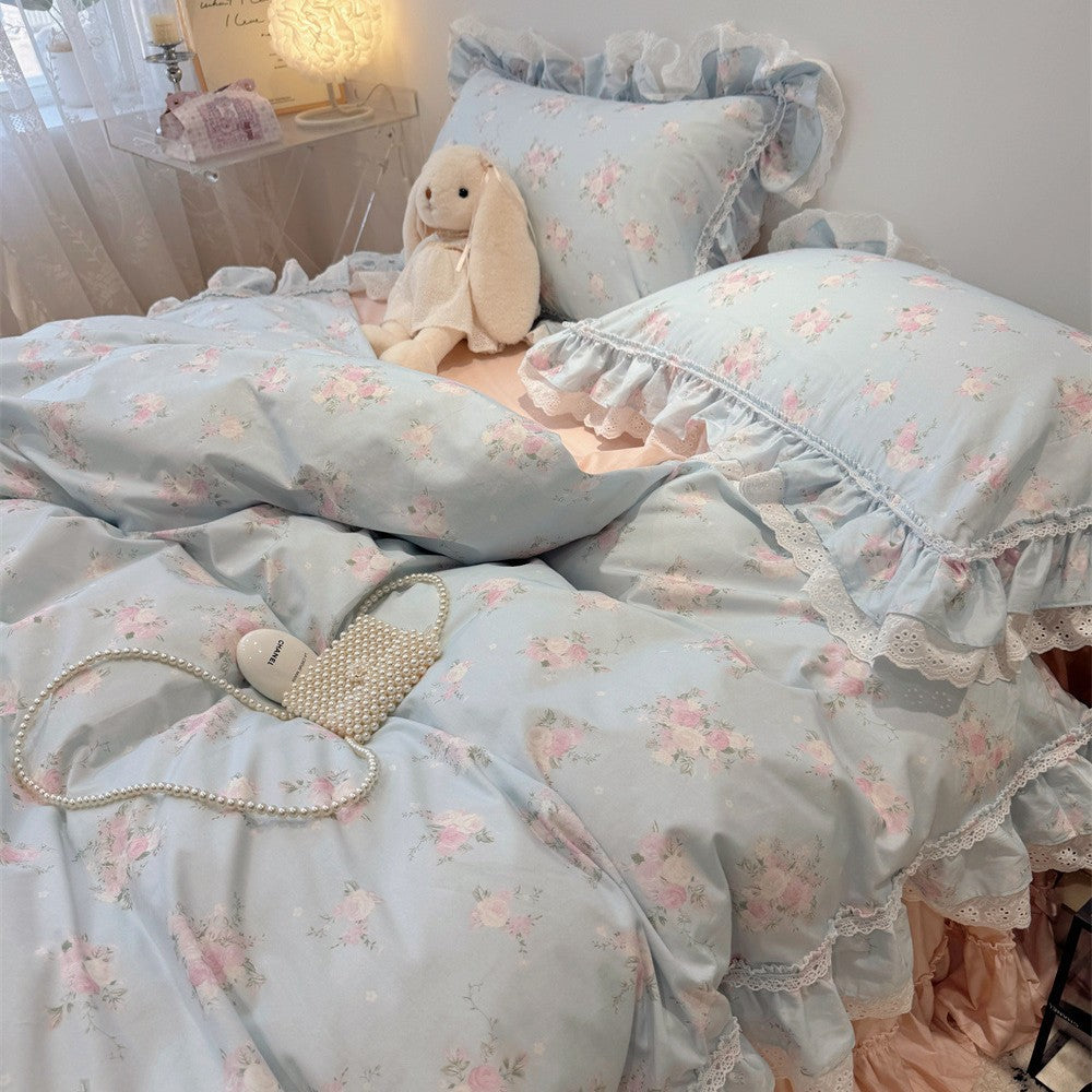 Ruffled Floral Lace-Trim Duvet Cover Set with Pillow Shams