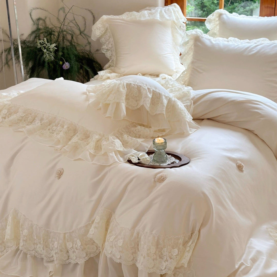 Victorian-Inspired Ruffled Lace Duvet Cover and Sham Set