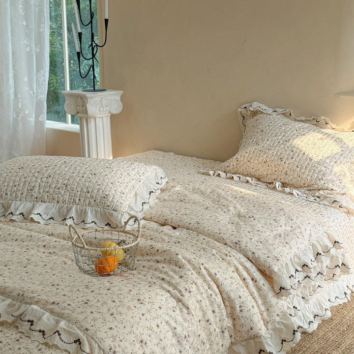 Quilted Cotton Duvet Cover Set with Ruffled Lace-Trim Pillow Shams