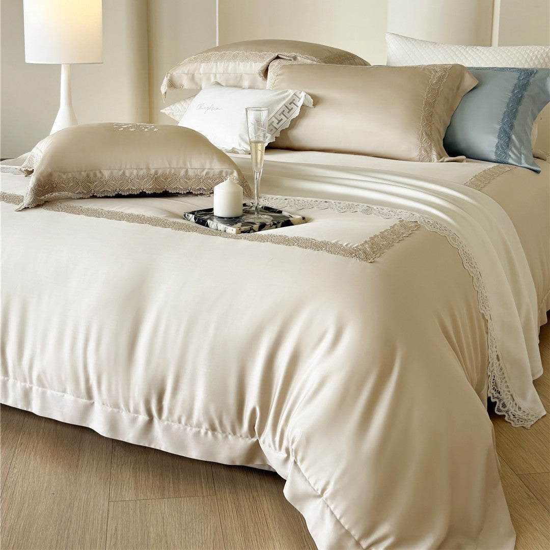 Silky Embroidered Floral Sateen Duvet Cover Set with Lace-Trim Shams