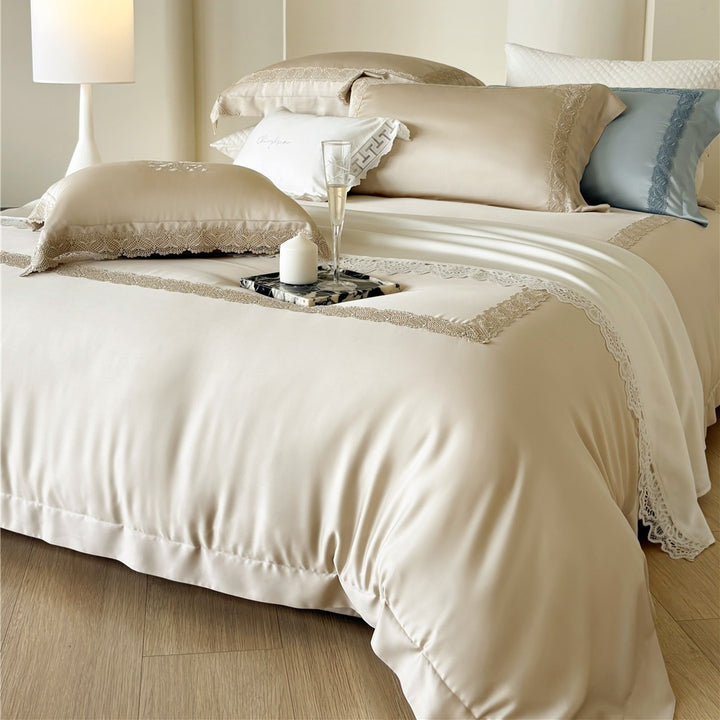 Silky Embroidered Floral Sateen Duvet Cover Set with Lace-Trim Shams