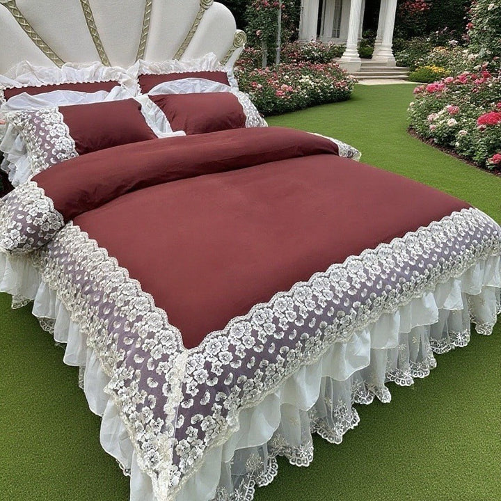Luxurious lace bedding set with ruffles and frills