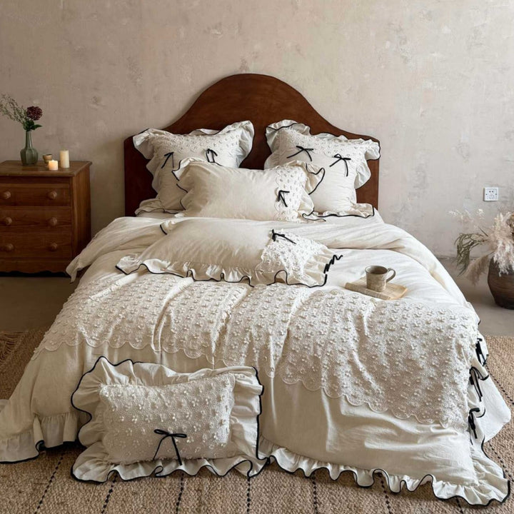 Embroidered Eyelet Ruffled Linen-Blend Duvet Cover Set with Decorative Pillow Shams