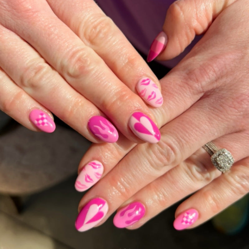Artistic Press-On Nail Set with Heart and Flame Design Stornfield