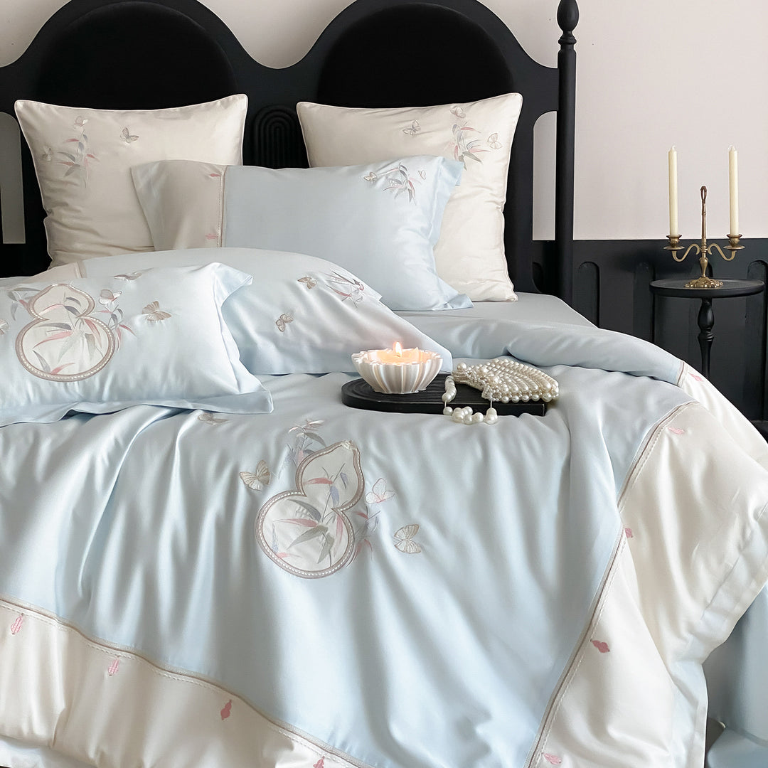 Embroidered Silk-Feel Duvet Cover & Pillowcase Bedding Ensemble