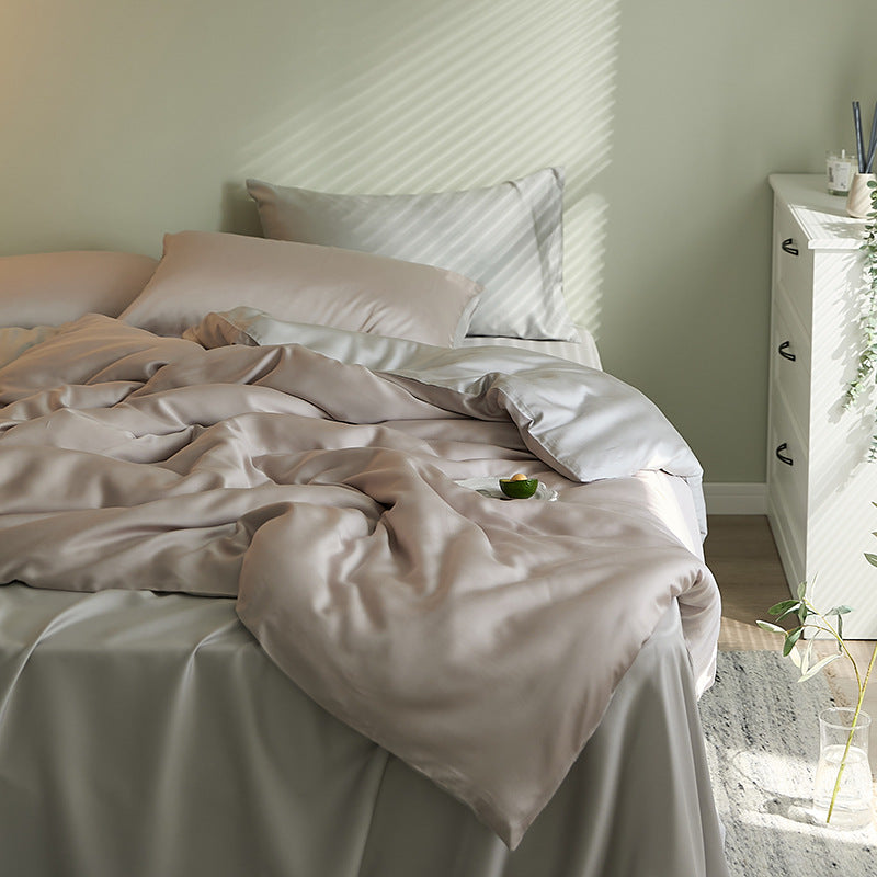 Fine-structured satin bedding set with temperature-regulating fiber and concealed zipper