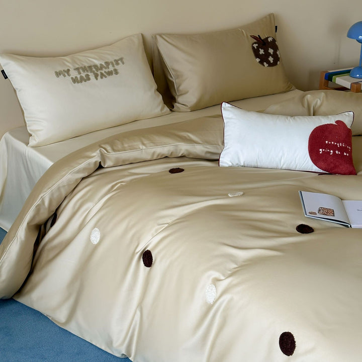 Embroidered Textured Dot Satin Duvet Cover Set with Pillowcases