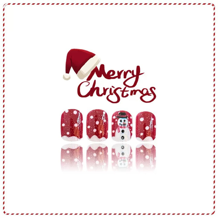 Artificial nail set with festive snowman motifs and glitter accents Stornfield