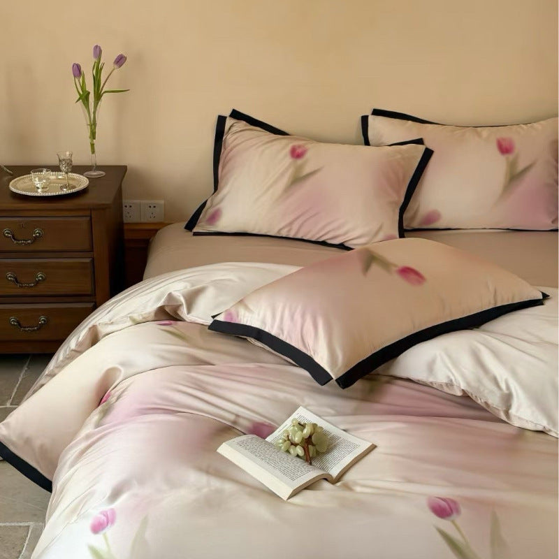 Luxurious satin bedding set with tulip pattern and contrast piping