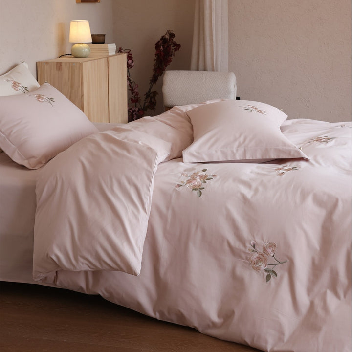 Embroidered Rose Cotton-Sateen Duvet Cover Set with Pillow Shams