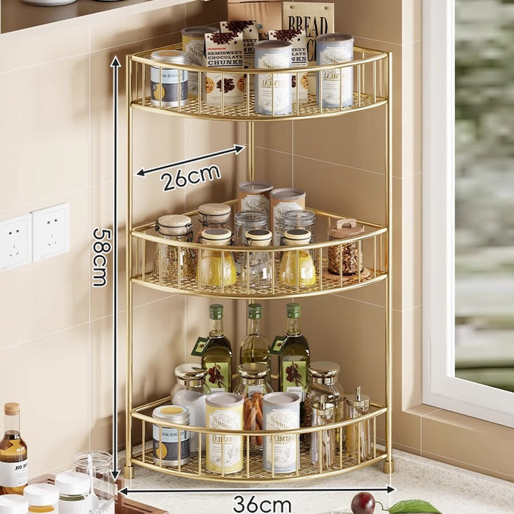 Three-Tier Rounded Corner Kitchen Storage Rack with Raised Rails and Mesh Shelves